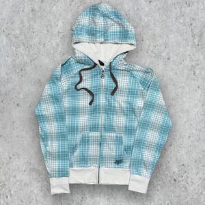 Y2K Fox Racing Blue Plaid Sherpa Hood Lined Full Hoodie Jacket